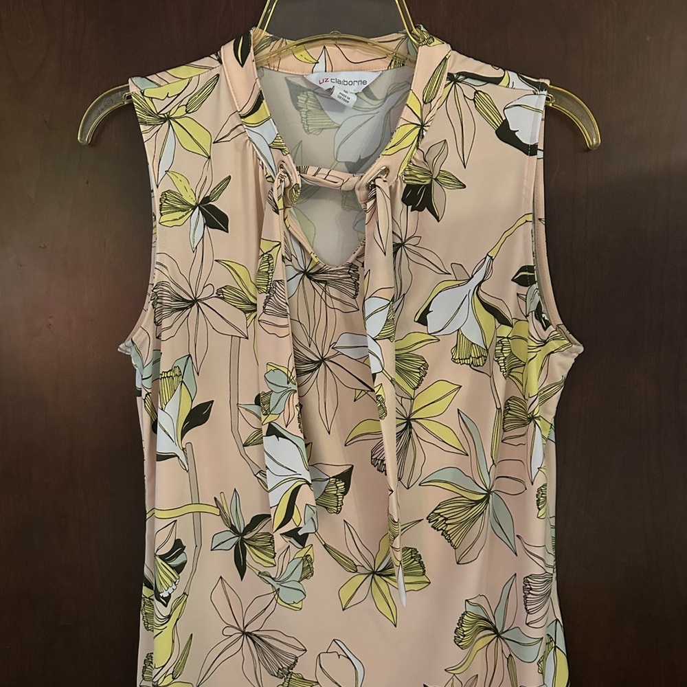 Liz Claiborne Floral Tie-Neck Blouse - Peach with Yellow and White